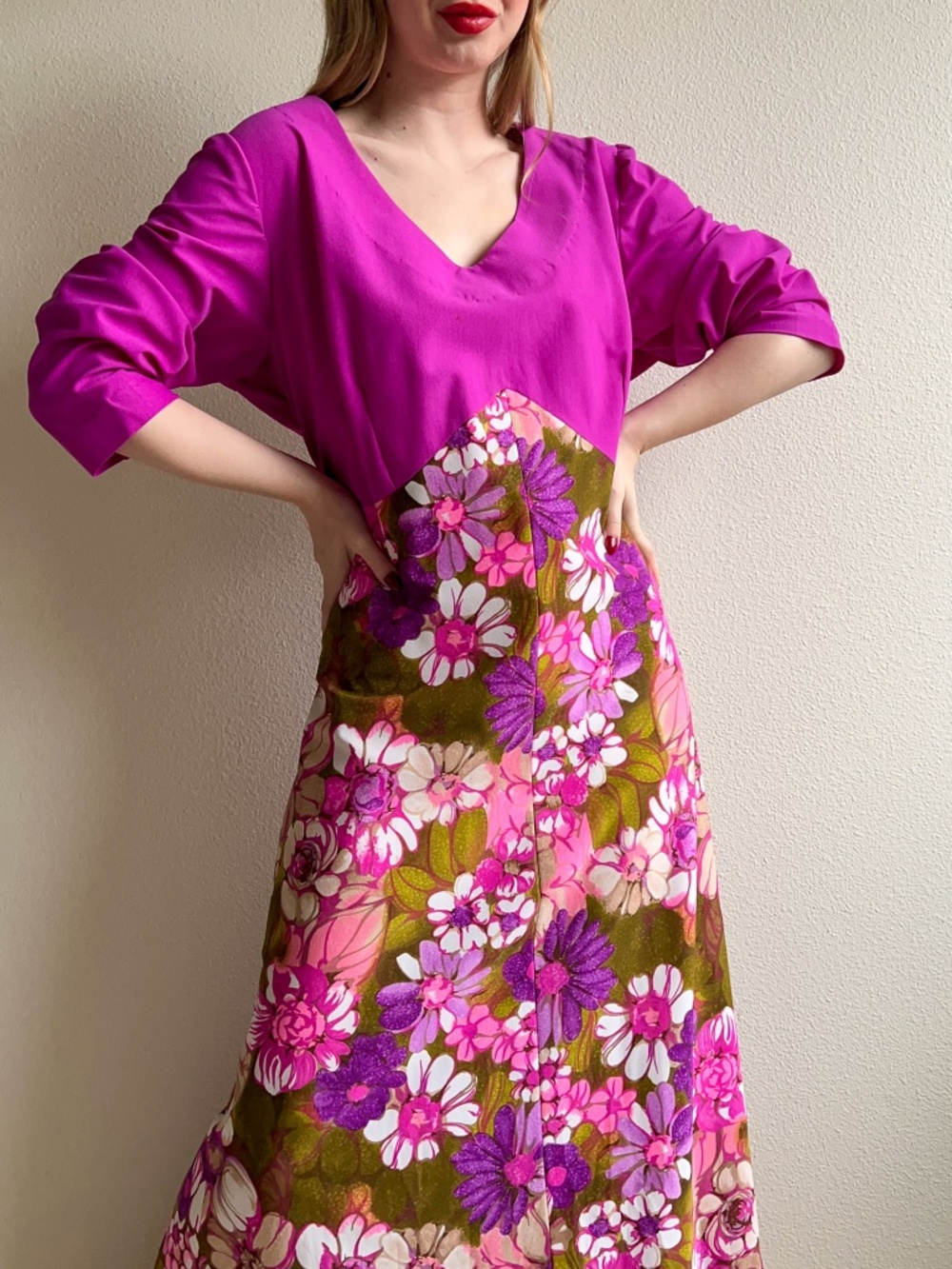 Vintage 1970s Purple Maxi Dress With Floral Skirt (XL/2XL)